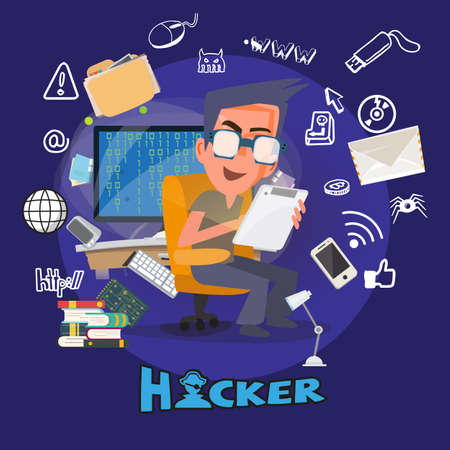 Computer Hacker in hacking action with icons. typographic design - vector illustrationのイラスト素材