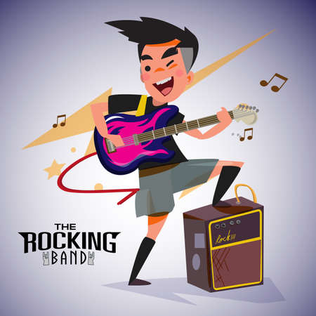 guitarist with bright emotions, playing rock electric guitar near an amp. character design. typographic rock design - vector illustrationのイラスト素材