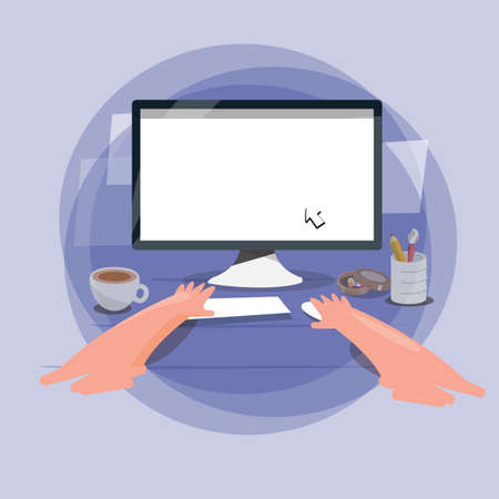 hand behind computer screen to replace your text - vector illustrationのイラスト素材