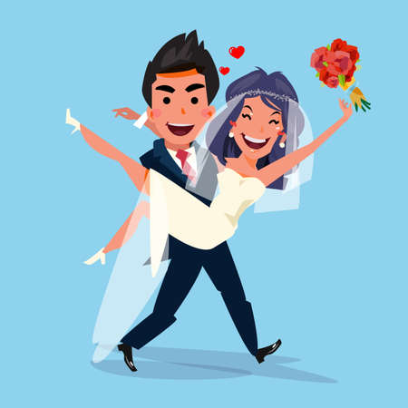 Groom carrying bride holding her in his arms. love and wedding concept. character design - vector illustrationのイラスト素材