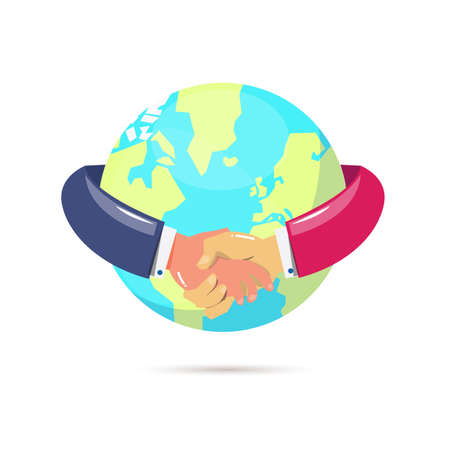 handshake around earth globe. international business cooperation concept - vector illustrationのイラスト素材