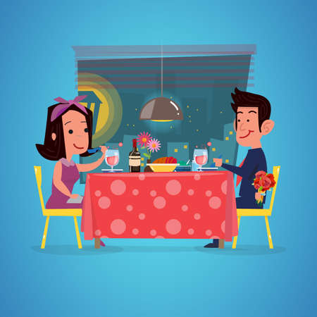 loving couple in restaurant. Romantic dinner. man with rose branch in hand  for sruprise. character design - vector illustrationのイラスト素材