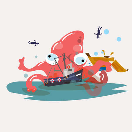 giant octopus attack boat. - vector illustrationのイラスト素材