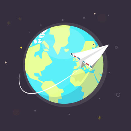 planet with flying paper plane - vector illustrationのイラスト素材