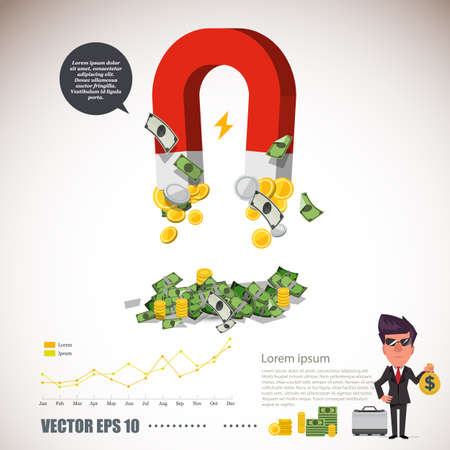 magnet collecting money with infographic. rich concept - vector illustrationのイラスト素材