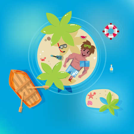 top view of beach man on private island with icon element. summer concept - vector illustrationのイラスト素材