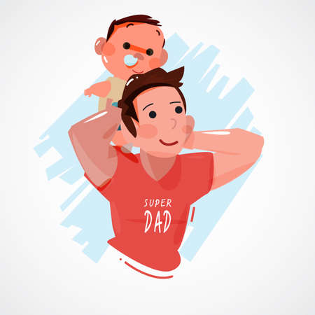 father and his baby on shoulder. super dad concept . character design - vector illustrationのイラスト素材