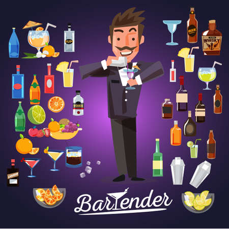 smart bartender mixing cocktail with alcoholic cocktail set. character design - vector illustrationのイラスト素材