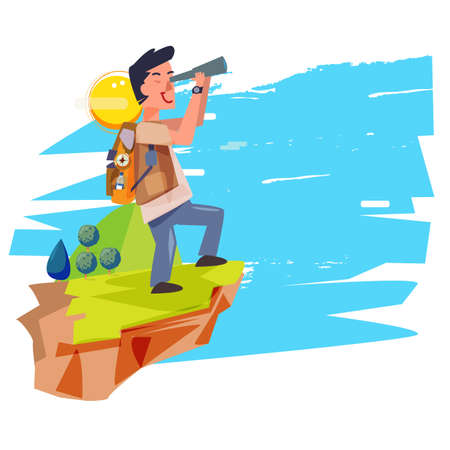 explorer man with telescope. backpacker character. adventure concept - vector illustrationのイラスト素材