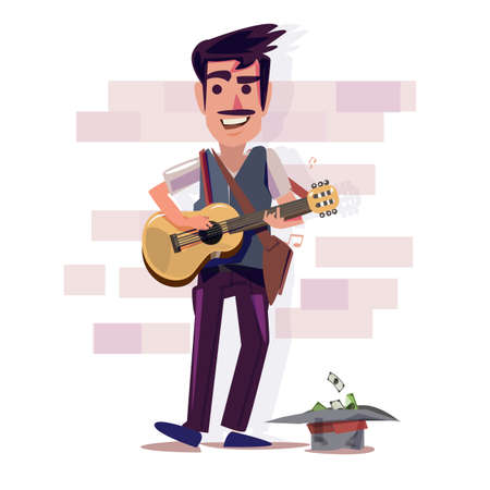 street musician playing guitar with donate hat and money. character design - vector illustrationのイラスト素材