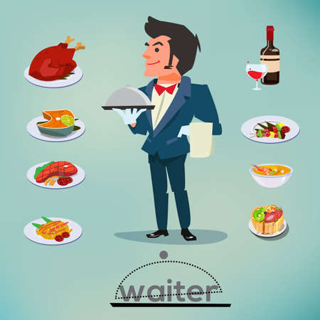 waiter character design with food and drink set - vector illustrationのイラスト素材