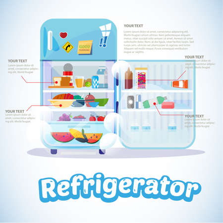 Opened Refrigerator with Full Of Food. infographic - Vector Illustrationのイラスト素材