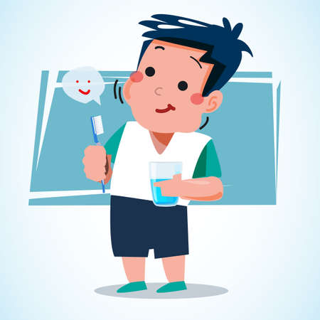 boy holding toothpaste and water cup to brushing his teeth. character design. healthy teeth and gum concept - vector  illustrationのイラスト素材
