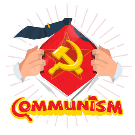Man open shirt to show socialist symbols with typographic design. communism power concept - vector illustrationのイラスト素材
