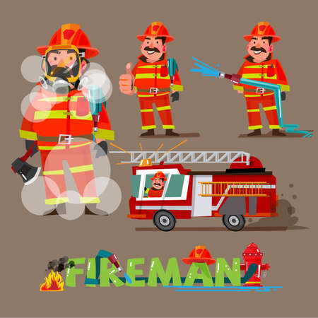 fireman in action. character set with typographic design - vector illustrationのイラスト素材