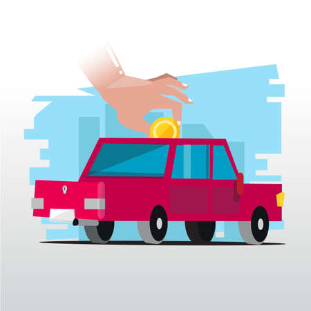hand insert coin to car. investing money in the car - vector illustrationのイラスト素材