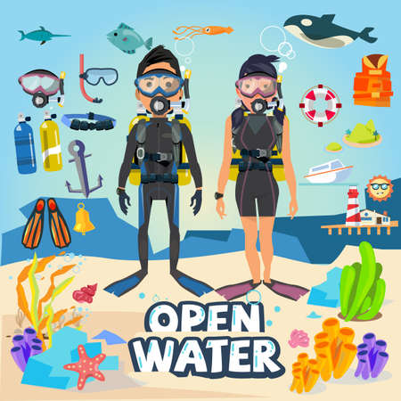 Scuba diving. male and female character design with equipment and graphic element. typographic design for header - vector illustrationのイラスト素材