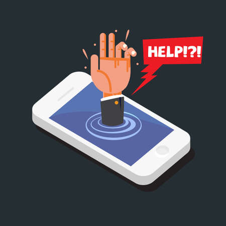 hands reaching out of smartphone with help bubble. smartphone addiction concept - vector illustrationのイラスト素材