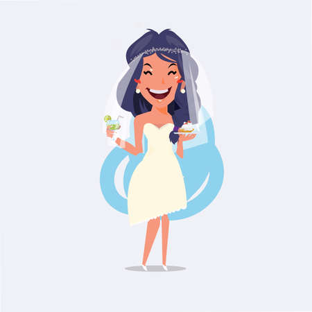 Beautiful bride character holding cocktail and cupcake in her hand. Wedding party concept - vector illustrationのイラスト素材