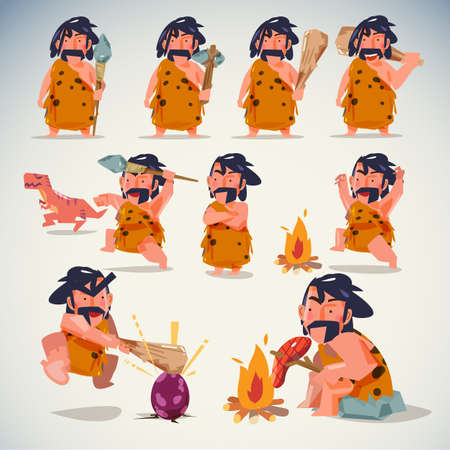 caveman in action. character design set. various positions. stone age concept - vector illustrationのイラスト素材
