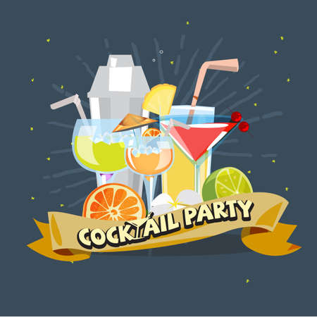 coctail coccept, glasses of cocktail and shaker with cocktail party label - vector illustrationのイラスト素材