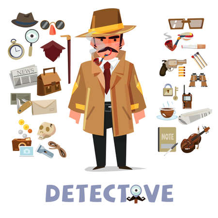 detective character design with equipment. icon set elements. typographic design - vector illustrationのイラスト素材