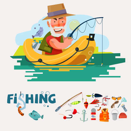 fisherman fishing on the boat with fishing equipment. fishery icon set. graphic element. typographic design .character design. - vector illustration- vector illustrationのイラスト素材