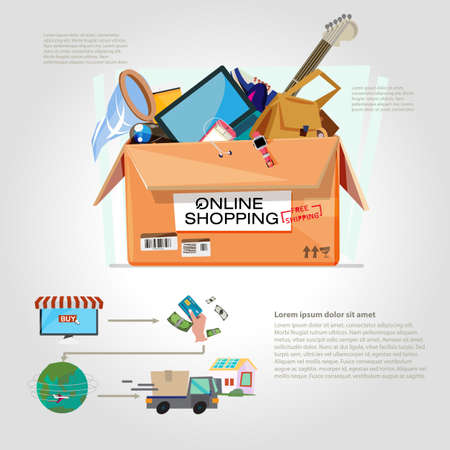 shopping online. Cardboard box for shipping with gadgets - vector illustartionのイラスト素材
