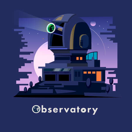 Observatory dome and station on the night clear sky. Astronomical Observatory - vector illustrationのイラスト素材