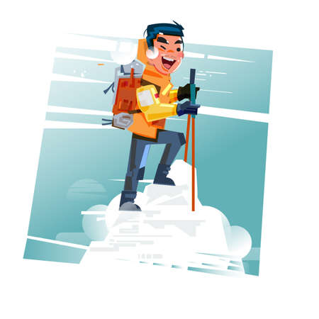 Hiker with backpack on top of snow mountainのイラスト素材