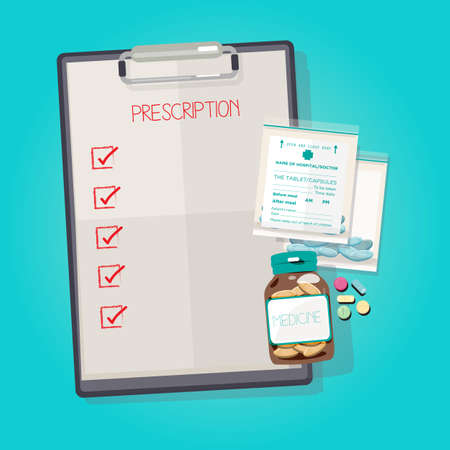 Clip Board with medicine bottle and drug pills in a plastic bag.check box to replace your text  - vector illustrationのイラスト素材