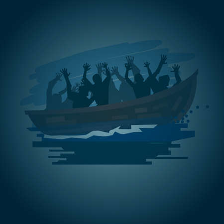 Refugees people on a boat on the stormy sea in silhouette style, move to better life concept - vector illustrationのイラスト素材