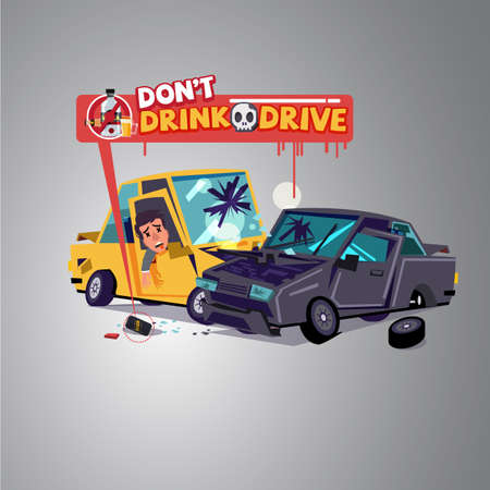 Car crash with alcohol can.  Don't Drink and drive concept - vector illustrationのイラスト素材