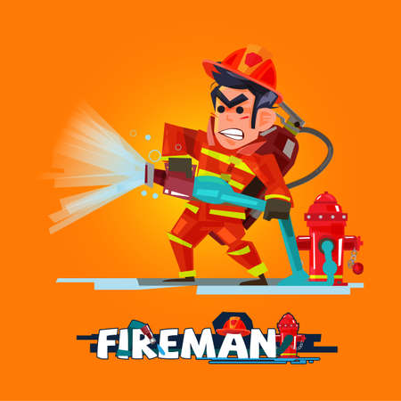 Fireman in action. Firefighter pours from a fire hose. character design with typographic - vector illustrationのイラスト素材