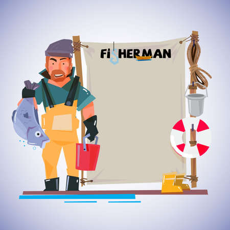 fisherman with paperboard to presenting. character design - vector illustrationのイラスト素材