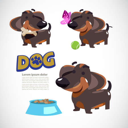 Cute dog in various action, dog with butterfly, dog with tennis ball, dog with bone and food. character design. typographic. dachshund - vector illustration.のイラスト素材