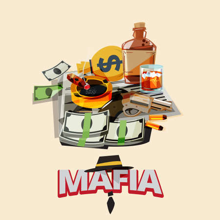 bottle of liquor, cigarette on ashtray, newspaper, gun with bullet, money. mafia and gangster concept - vector illustrationのイラスト素材