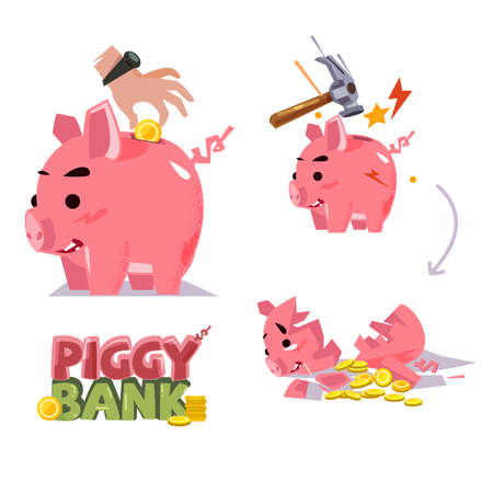Piggy bank in various action. inserting coin. smash with hammer. broken piggy bank  - vector illustrationのイラスト素材