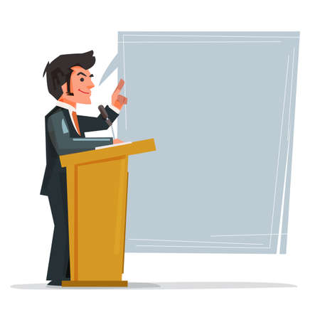 Smart man standing at lectern giving public speech - vector illustrationのイラスト素材