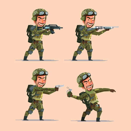 soldier holding various guns and bomb preparing to shoot. Soldier character design - vector illustrationのイラスト素材