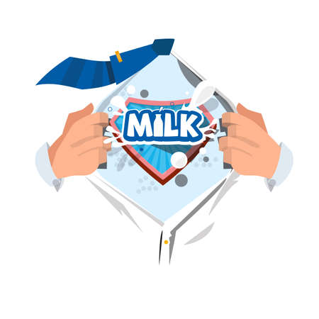 Man open shirt to show "Milk" typographic in comic style - vector illustrationのイラスト素材