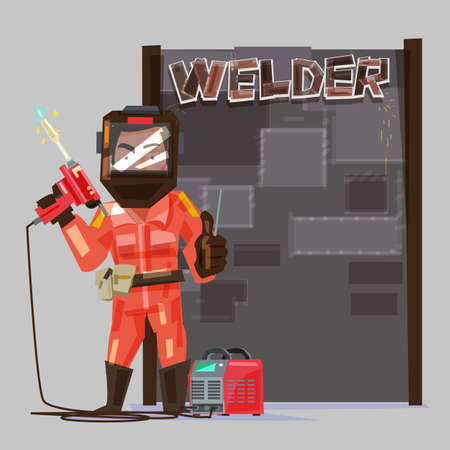 welder in a protective mask holding gas welding machine.  welded metal sheets board to presentation. character design - vector illustrationのイラスト素材
