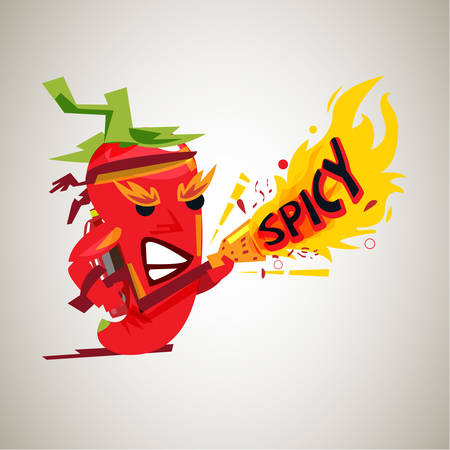Chili mascot with fire gun. character design of hot and spicy - vector illustrationのイラスト素材