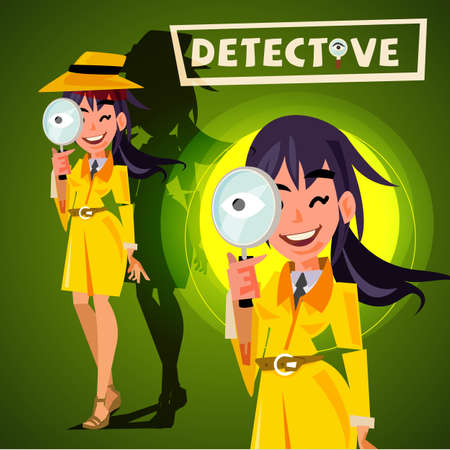 cute detective girl holding magnifying glass to watchin. character design - vector illustrationのイラスト素材