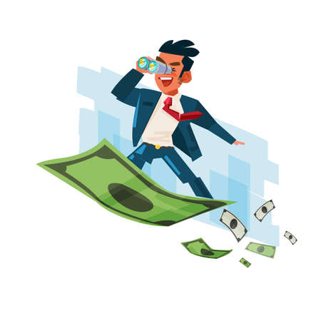 Business-man holding binocular on flying of money carpet illustration.のイラスト素材
