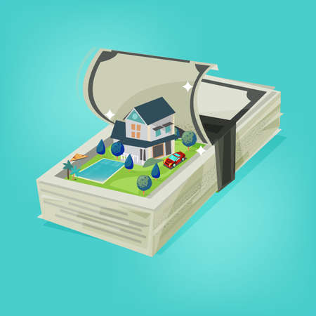 Money stack open and show big house with pool and car inside property.のイラスト素材