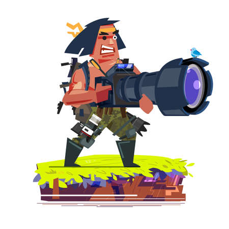 a professional muscle photographer holding huge camera.のイラスト素材