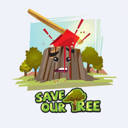 Axe in stump with blood. Save the tree concept vector illustration.のイラスト素材