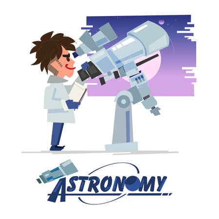 Astronomy looking at the telescope. character design with typographic design - vector illustrationのイラスト素材