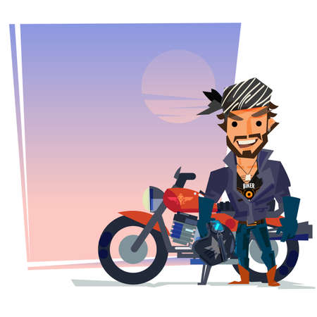 Biker man with his motorbike. blank space to input your contentのイラスト素材